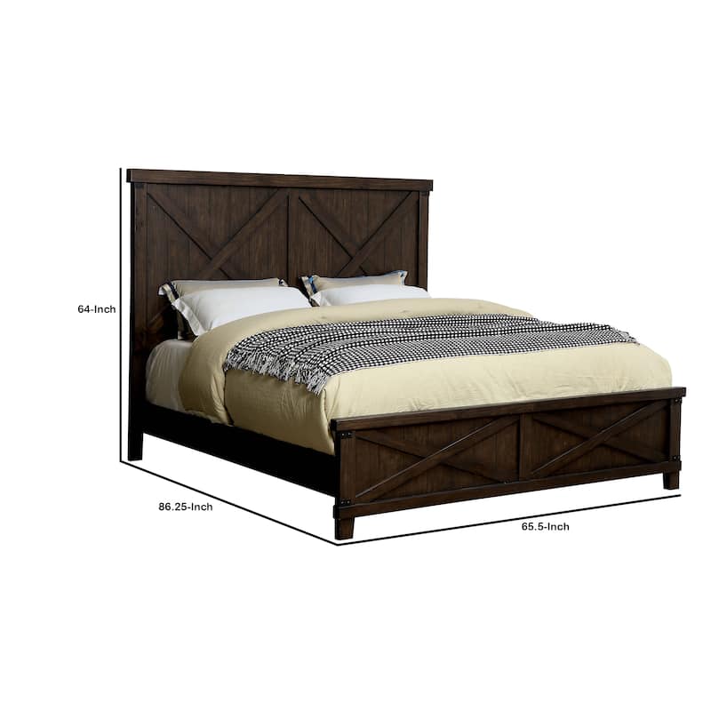 Wooden Queen Size Bed with Barn Style Plank Headboard and Footboard, Brown