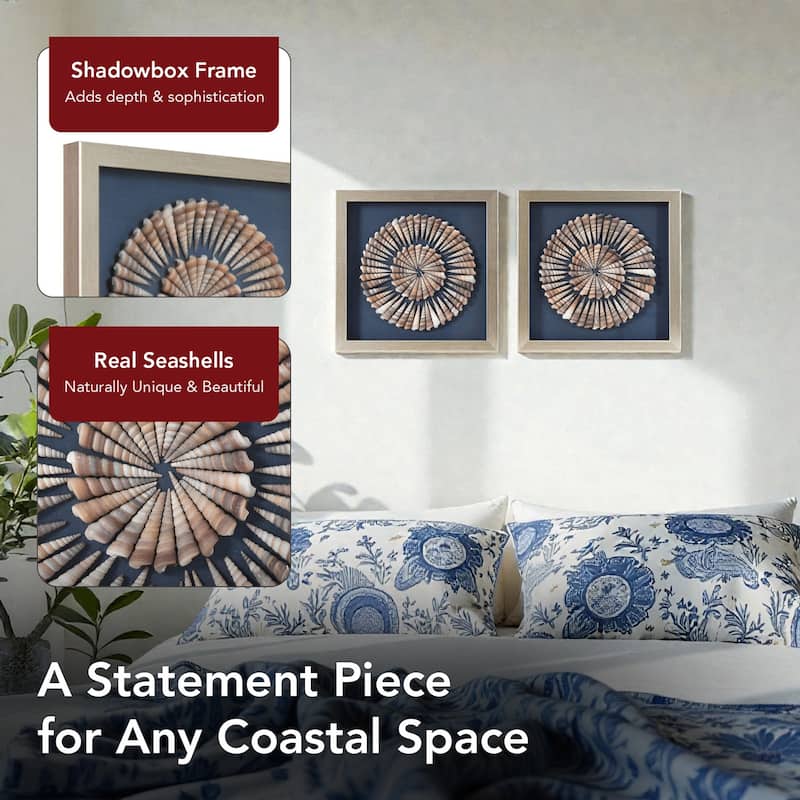 American Art Decor 2-Piece Coastal Seashell & Sea Glass Shadowbox Framed Wall Art Set