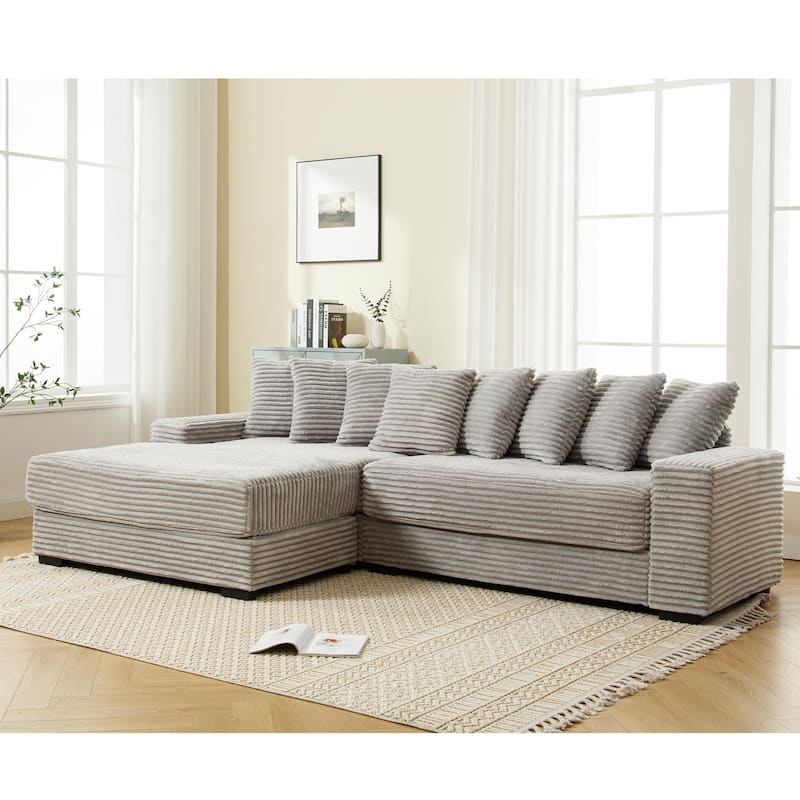 Gray 111" Corduroy Upholstered L-Shaped Sectional Sofa with Oversized Left Chaise Longue and 8 Throw Pillows