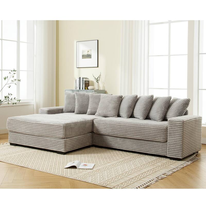 L Shaped Sectional Sleeper Sofa Corduroy Corner Sofa with Chaise Lounge and 8 Throw Pillows, Oversized Modular Daybed