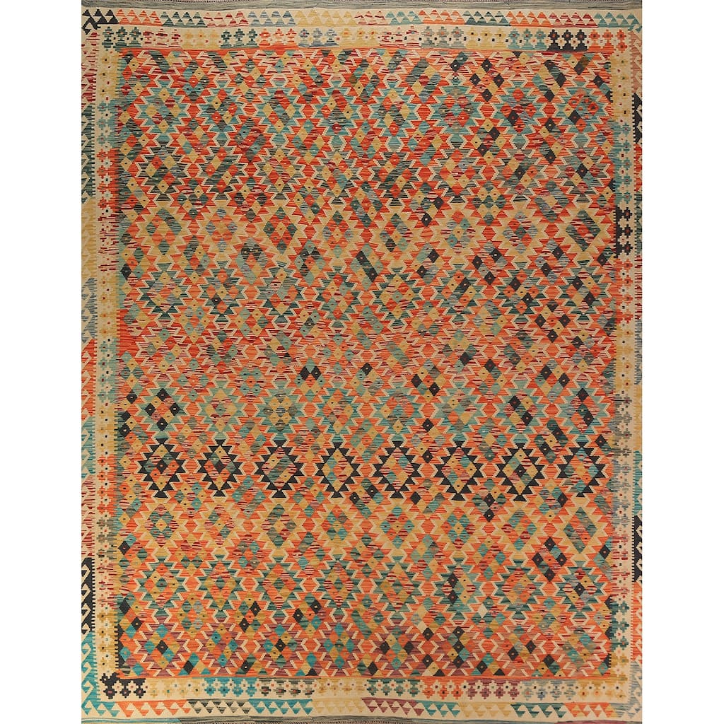 Reversible Kilim Oriental Rug Flatweave Orange Wool Carpet - 10'1"x 12'9"