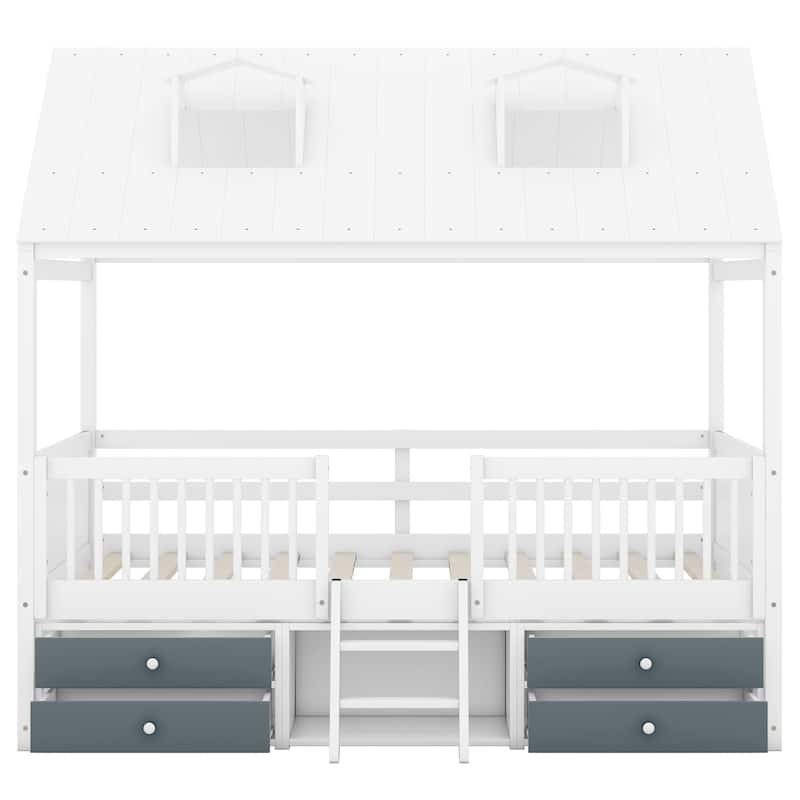 Full Size Wood Bed House Bed Frame, 77.6''L x 65.9'' W x72.9'' H