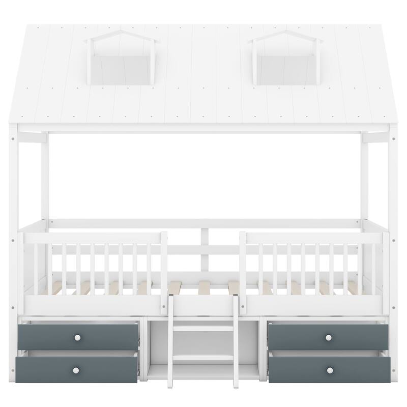 Full Size Wood Bed House Bed Frame w/ Ladder, Safety Guard Rails, White