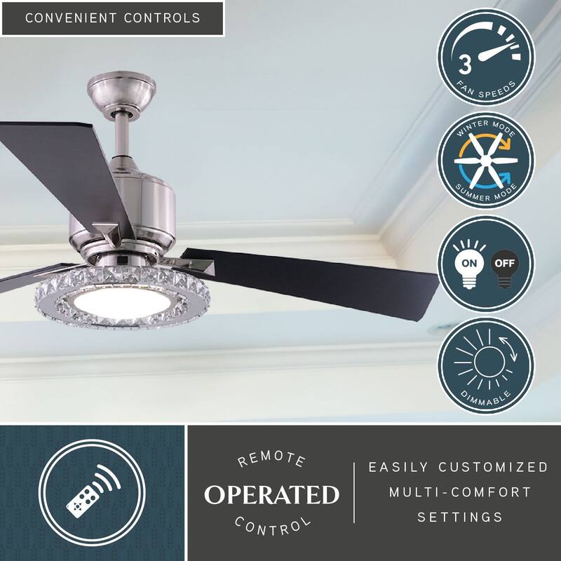 Clara 52 In. Nickel Ceiling Fan with Crystal LED Light Kit and Remote - 52-in W x 17-in H x 52-in D