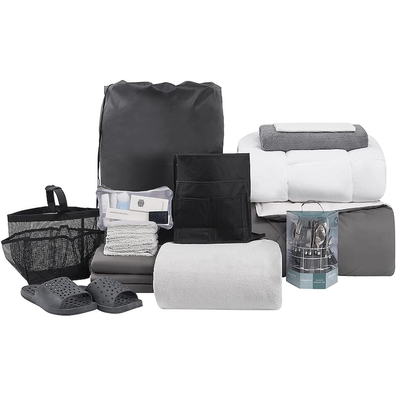 The 44-Piece College Dorm Essentials Set - Totally Complete - Granite Gray / Jet Stream Color Set - Twin XL