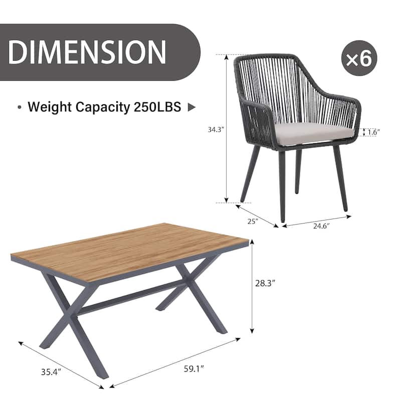 7-Piece Outdoor Dining Set - Iron Frame with Cross Wicker Back Chairs & X-Base Table