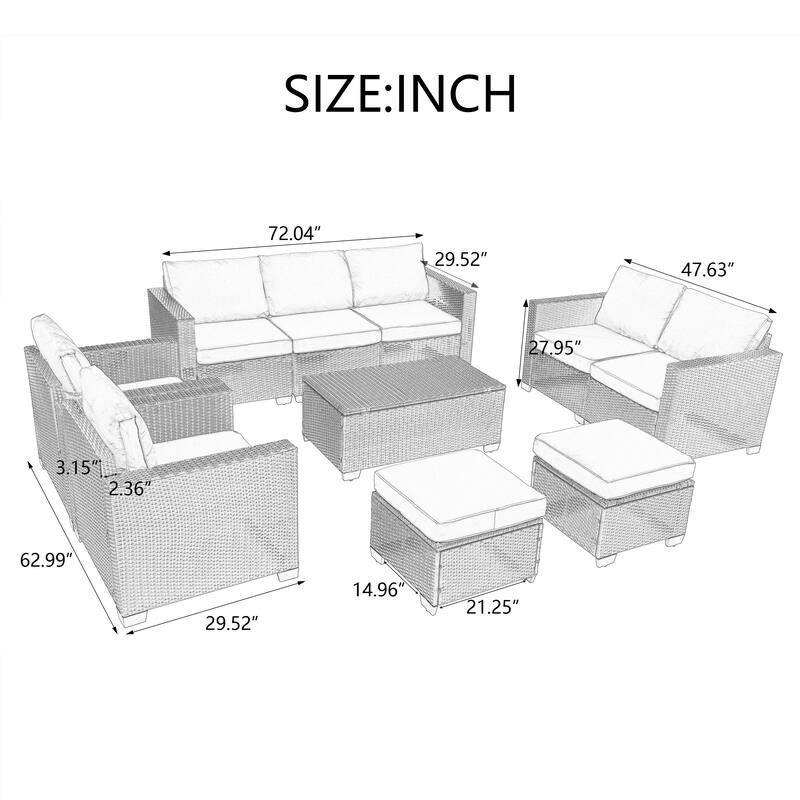 10 Piece PE Rattan Patio Furniture Set Outdoor Patio Furniture Set With Cushions & Tempered Glass Coffee Table