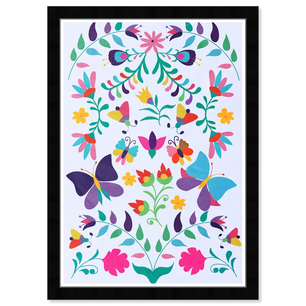 "Colorfull Floral II", Flowers and Butterflies Pattern Traditional Pink Framed Wall Art Print for Bedroom