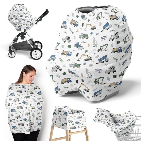 slide 2 of 6, Sweet Jojo Designs Construction Truck Boy 5 in 1 Baby Car Seat Nursing Cover Blue Green Transportation Zone Vehicles Bulldozer