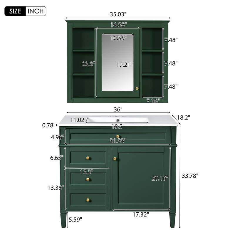 Roomfitters 36 Inch Bathroom Vanity with Sink and Mirror Cabinet, Storage Cabinet with 2 Doors and 4 Drawers