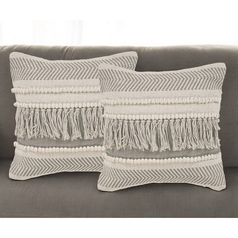 Set of Two Beige Striped Cotton Throw Pillow With Fringe - Beige