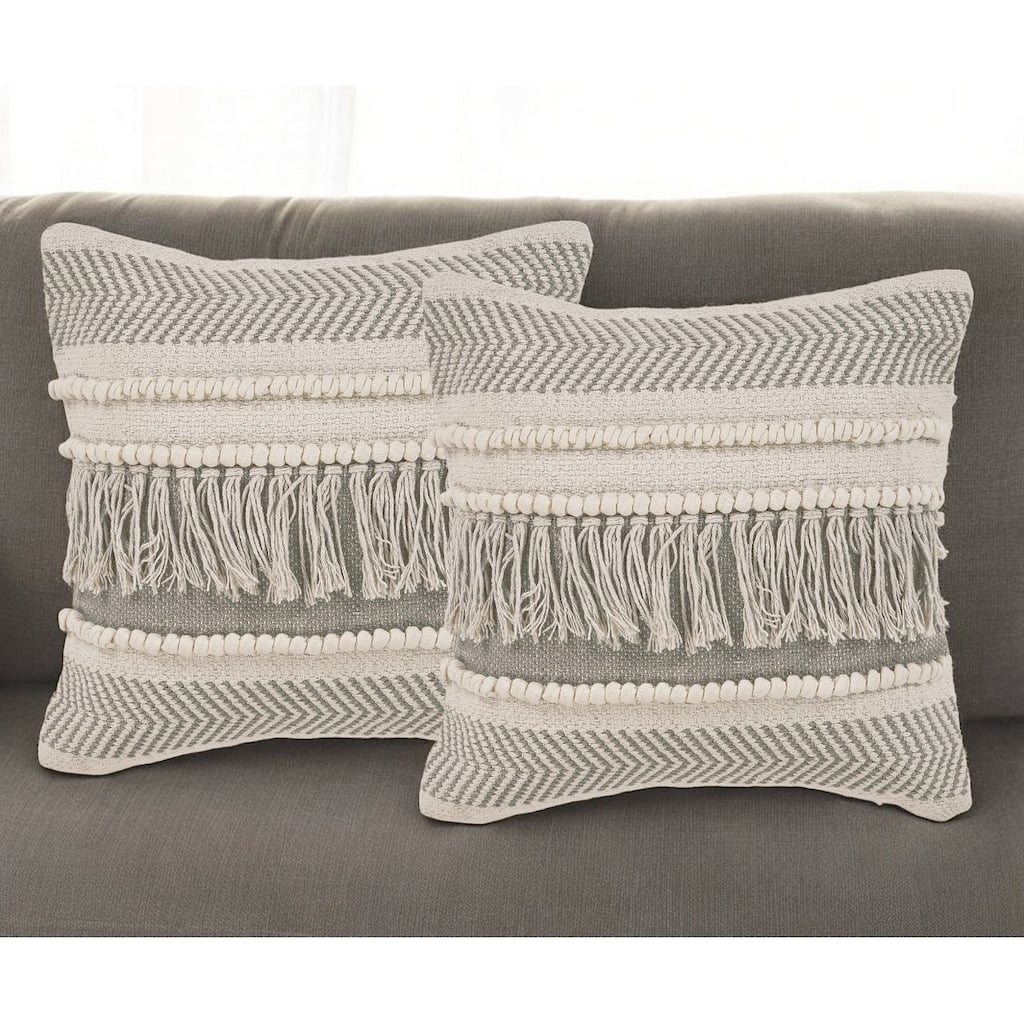Set of Two Beige Striped Cotton Throw Pillow With Fringe