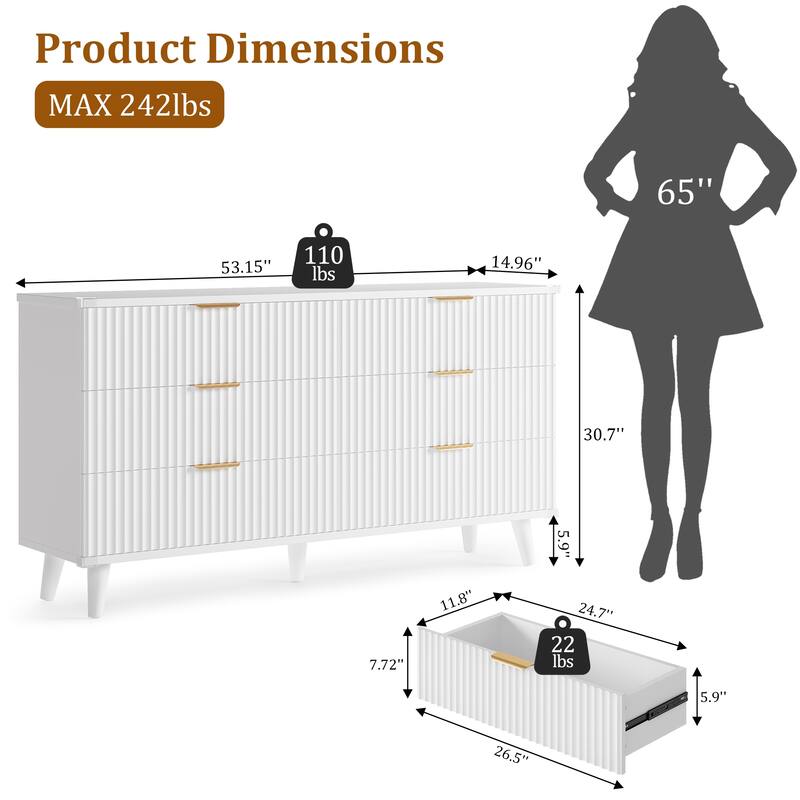 6 Drawer Dresser for Bedroom, 53" Wide Boho Fluted Dresser