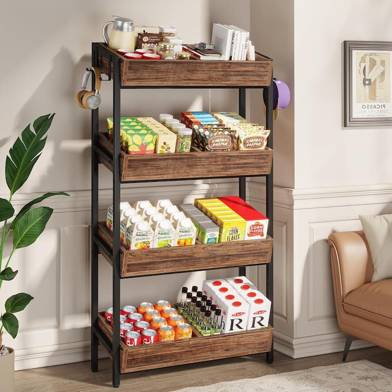 30Inches 4-Tier Retail Display Rack with Hooks,Tall Metal Snack Stand with Shelves,Chip & Concession Organizer-Heavy-Duty Frame - Brown+Black