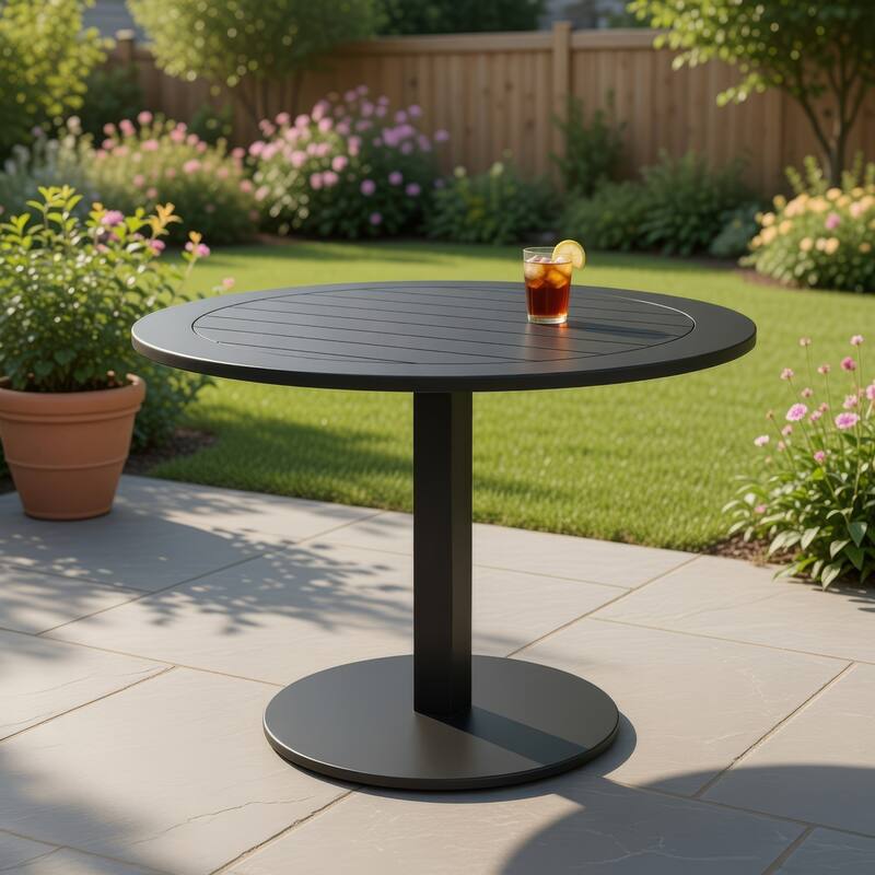 Keli 35 Inch Round Dining Table, Gray Aluminum Frame, Foldable Design