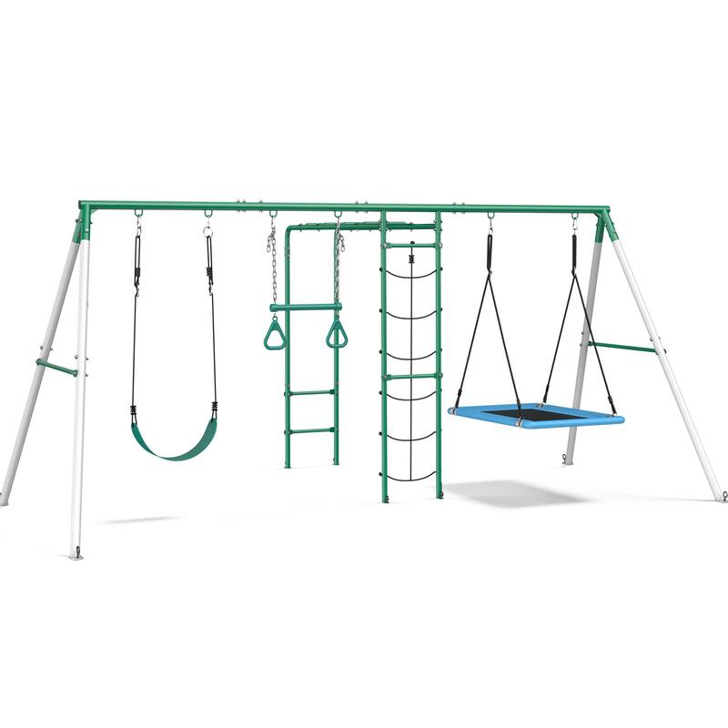 5 IN 1 Metal Swing Sets for Backyard with 2 Swings, Climbing Net, Trapeze Bar