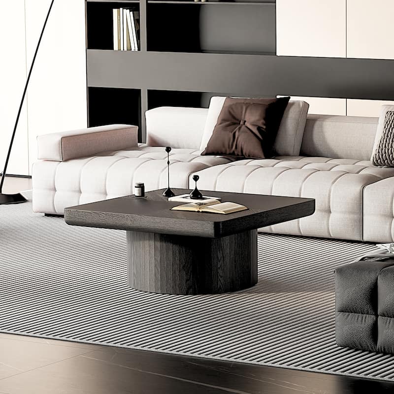 Modern Wood Coffee Table with Cylindrical & Fluted Pedestal