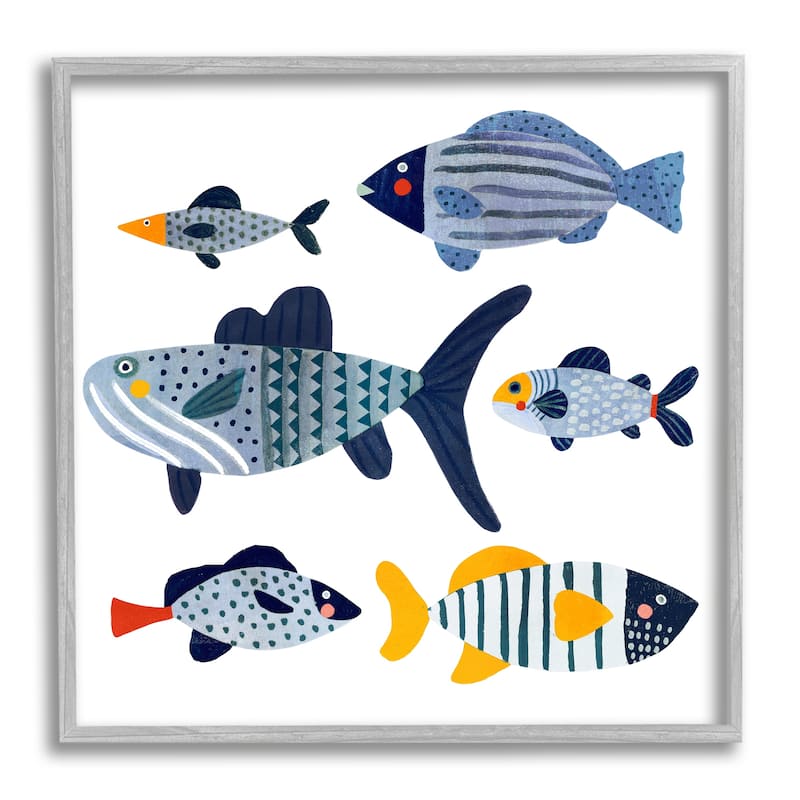 Stupell Kid's Tropical Fish Collage Playful Blue Aquatic Animals Framed Wall Art - 12 x 12 - Grey