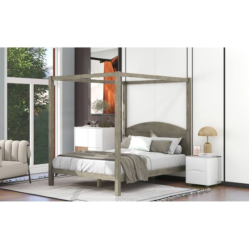 Queen/King Canopy Platform Bed with Headboard and Sturdy Wooden Slats, Support Legs for Added Stability