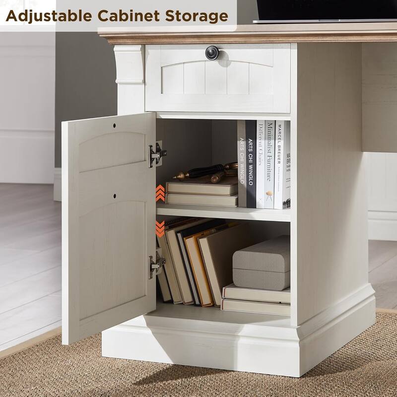 Farmhouse Computer Desk, Wood Home Office Desk with Charging Station
