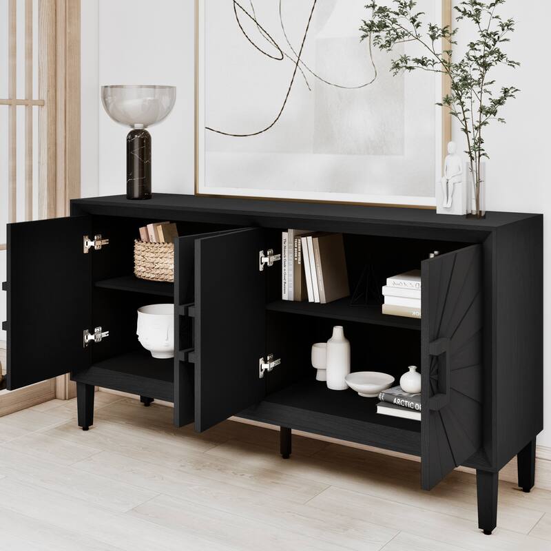 60" Premium Rustic American Farmhouse Credenza - Symmetrical Sunburst Door Design, Heavy-Duty TV Stand with Adjustable Shelves