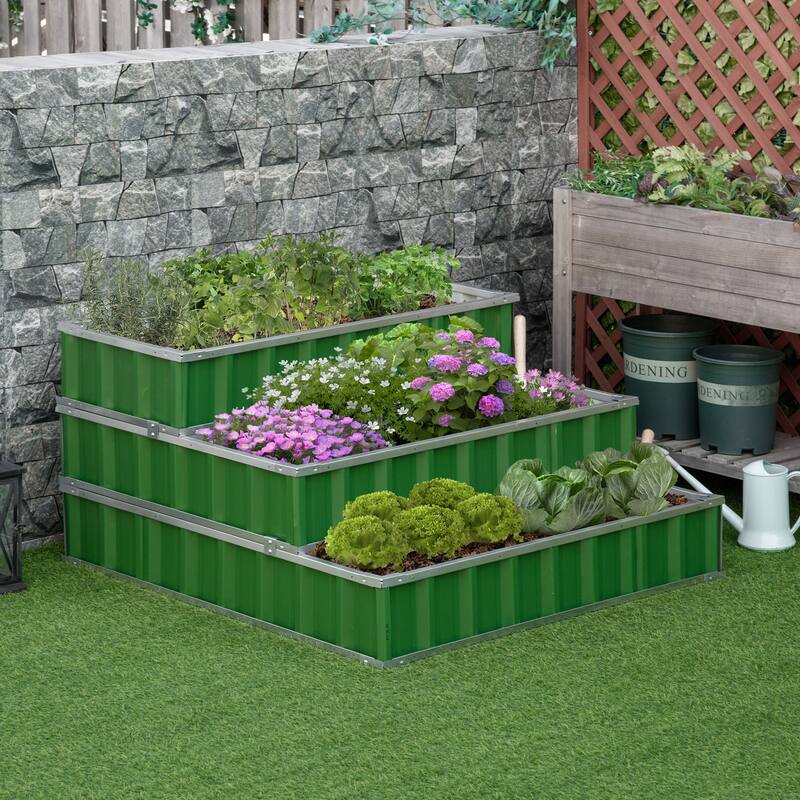 Outsunny 3-Tier Metal Raised Garden Bed, Elevated Outdoor Planter Box Kit for Vegetables, Herbs, and Flowers - Green