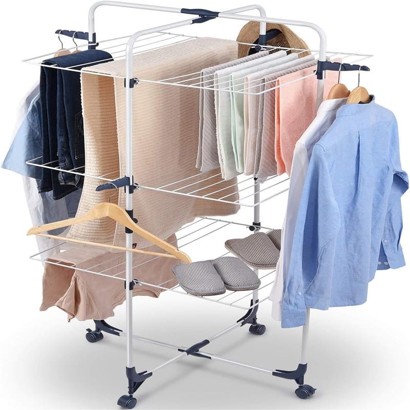 Drying Rack Clothing, 3-Tier Collapsible Clothes Drying Rack with Wheels - 23.6"D x 27.2"W x 54"H - White