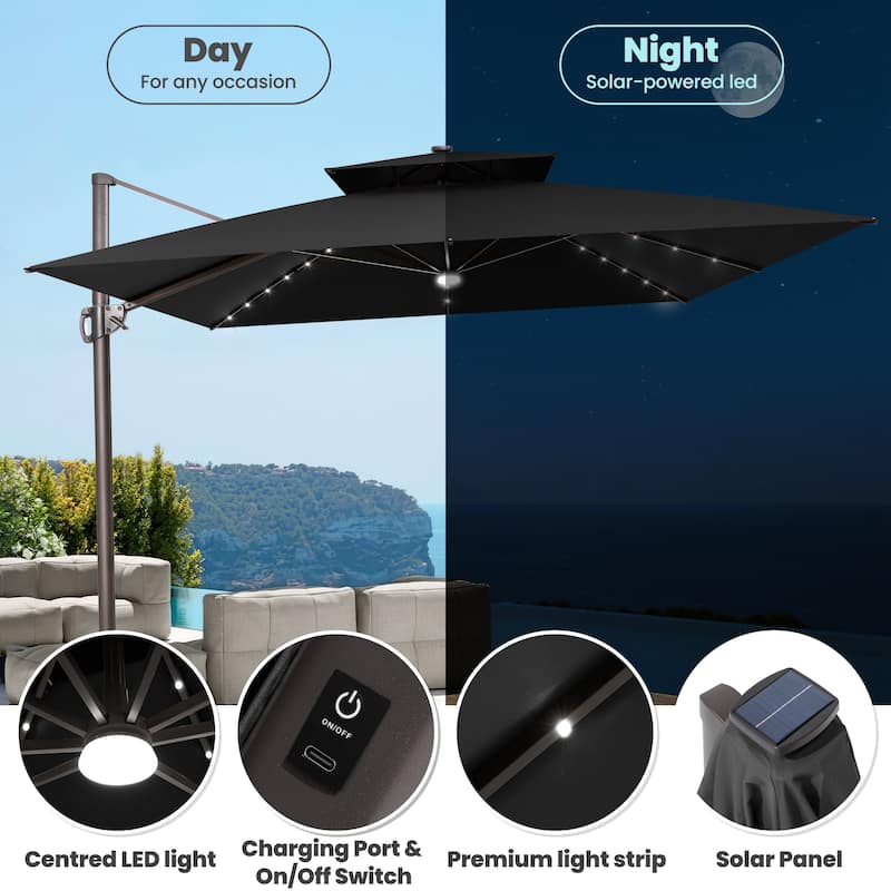 11 ft Outdoor Aluminum Dual Top Solar Powered LED Patio Cantilever Umbrella and Weighted Base with Wheels and Drag Rod