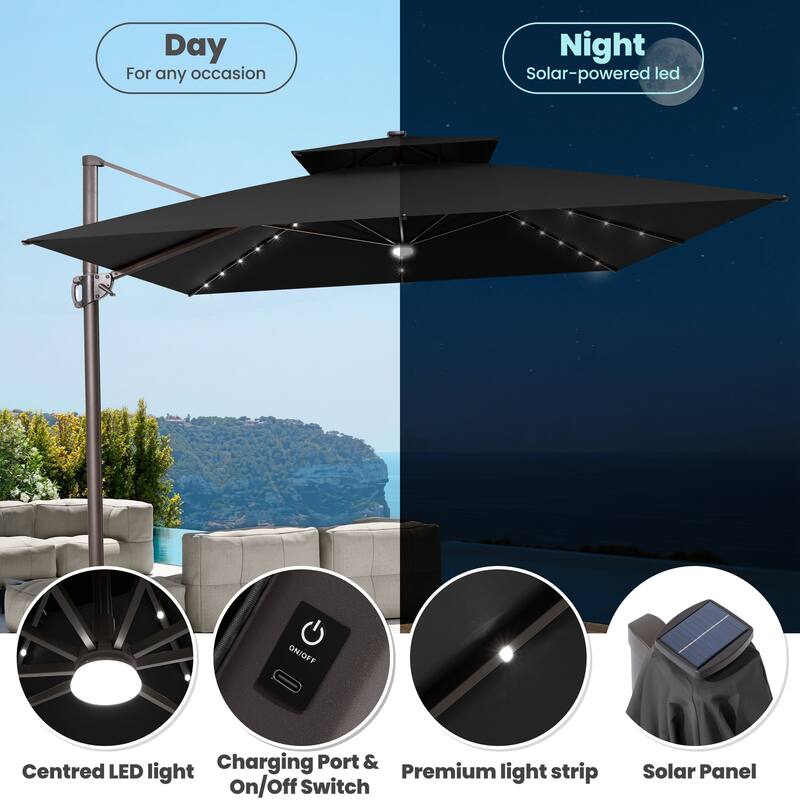 11FT Outdoor Patio Cantilever Umbrella with LED Lights Double Vented Umbrella with Base