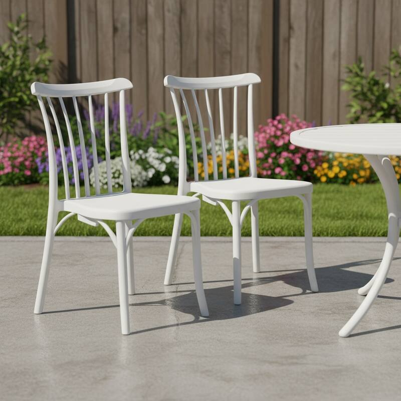 HomeRoots Set of Two White Heavy Duty Plastic Outdoor Stacking Dining Chairs