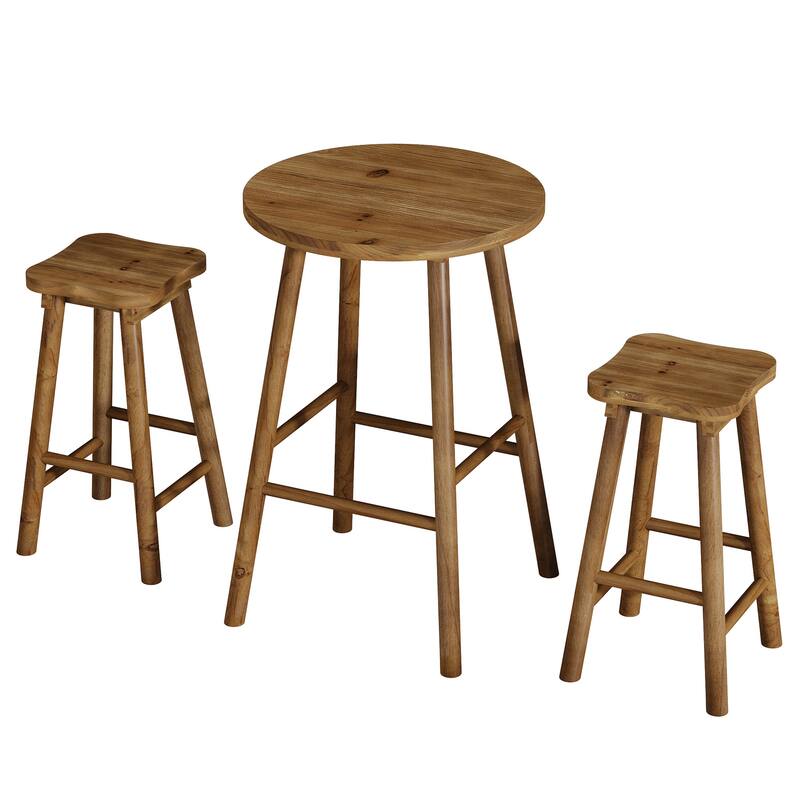 Solid Wood Round Bar Table & 2 Barstools Set, Pub Bistro Coffee Cocktail Accent Table, Bar Dining Room Kitchen