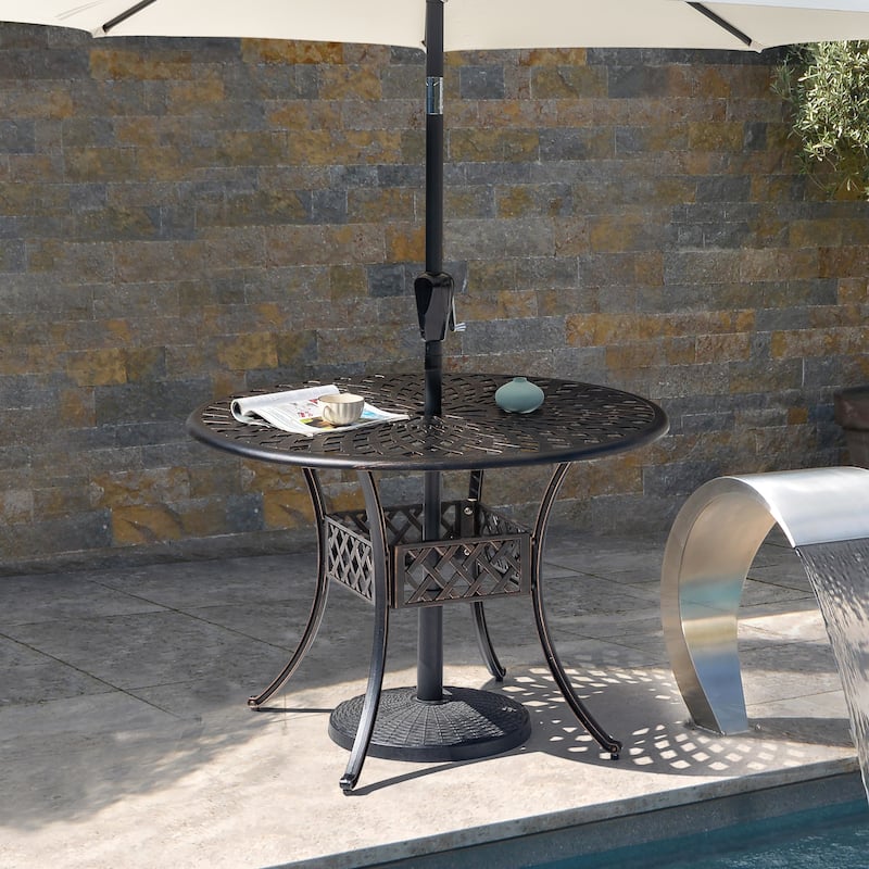 Round Cast Aluminum Outdoor 42'' Dining Table with 2.24'' Umbrella Hole, Black with Gold-Painted Edges