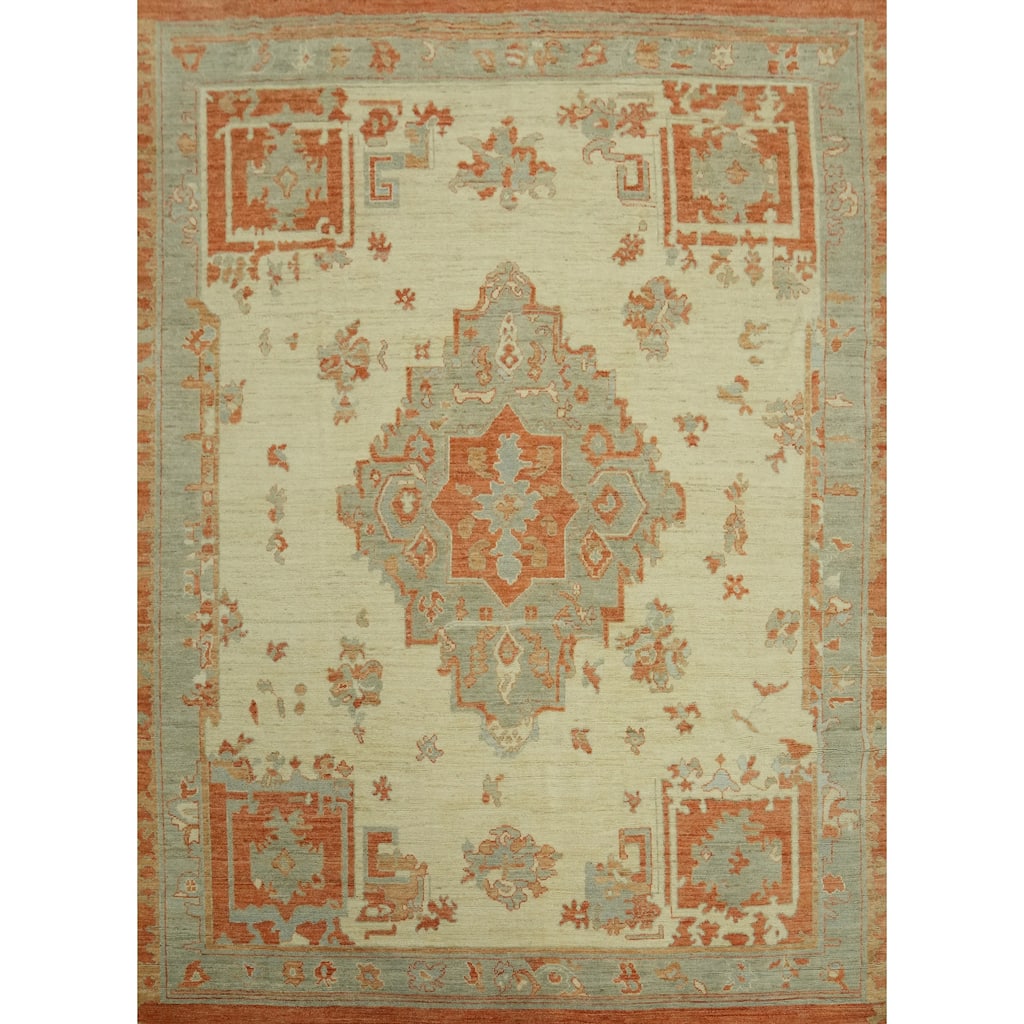 Vegetable Dye Wool Oushak Turkish Area Rug, Medallion Geometric Carpet - 9' 6'' X 8' 3''