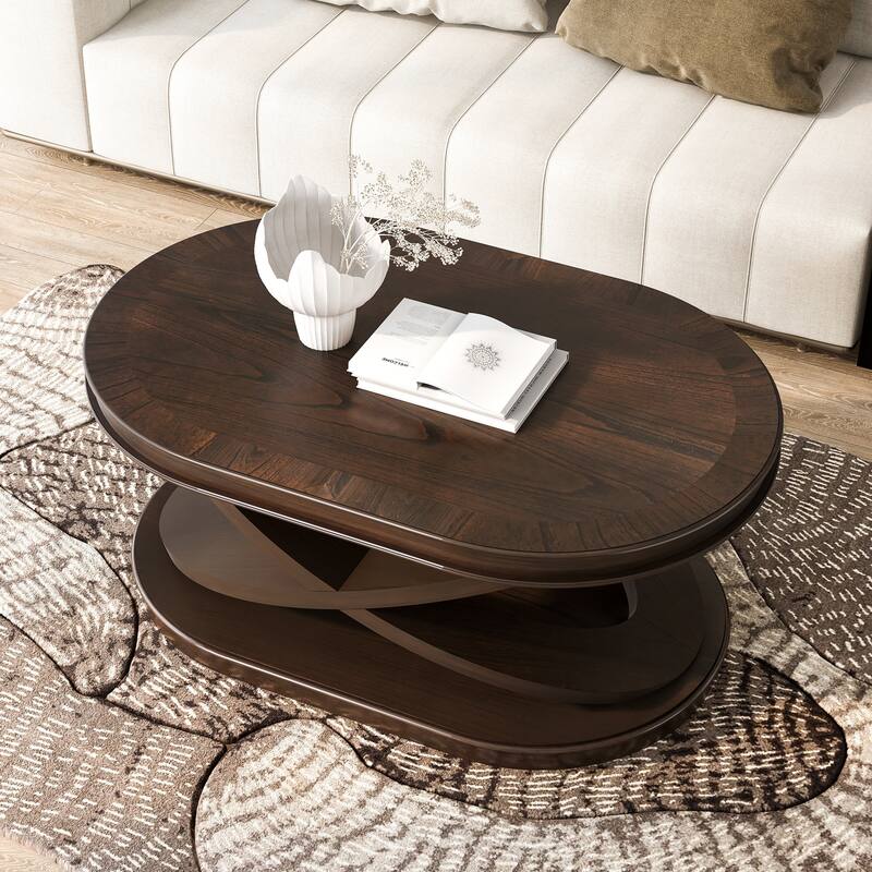44 Inch Wood Oval Coffee Table with X-Shaped Base, Cocktail Table with Open Storage, Sofa Center Table for Living Room