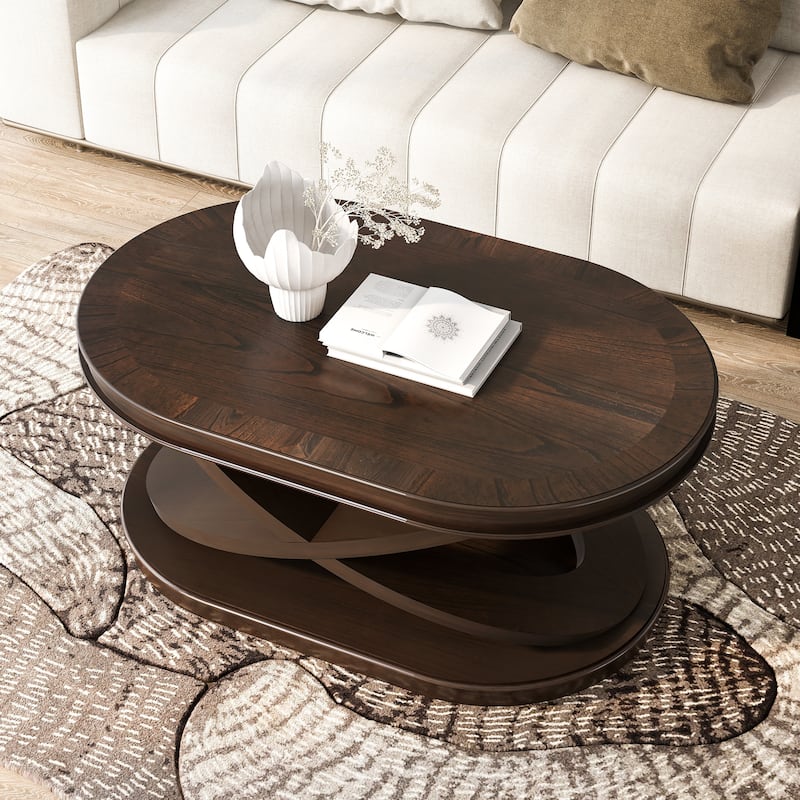 American-style Oval Solid Wood Coffee Table with X-shaped Base