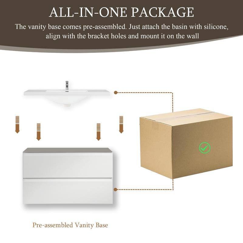 ABRUZZO 36" Floating Single Bathroom Vanity Wall-Mounted with Integrated Resin Top Basin 2 Soft Close Drawers Full Assembly