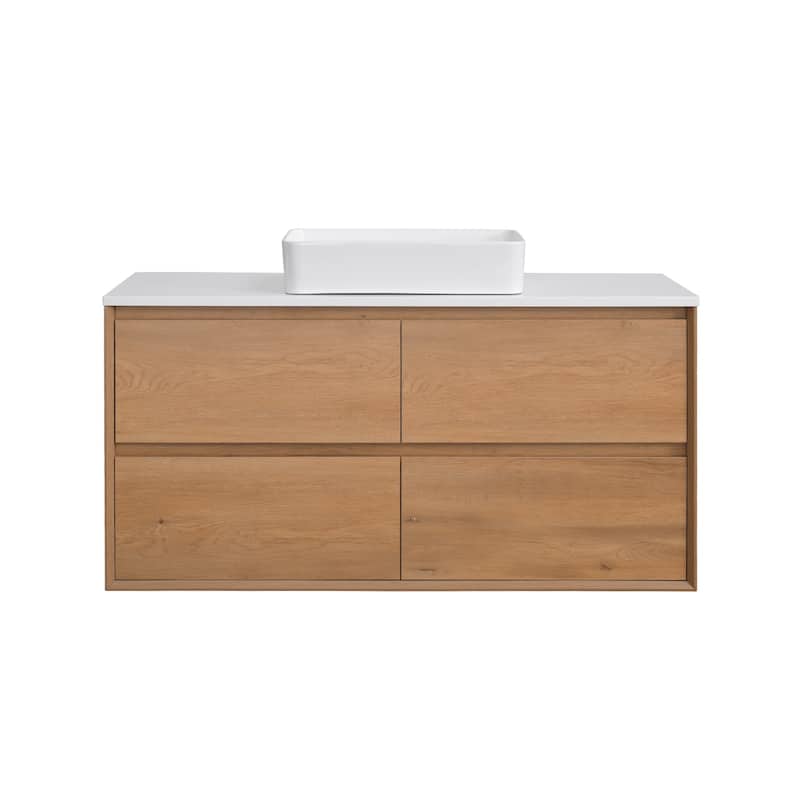 Sylphar 48 inch Toffee Oak Floating Bathroom Vanity with White Quartz Top - Rectangle Sink Style