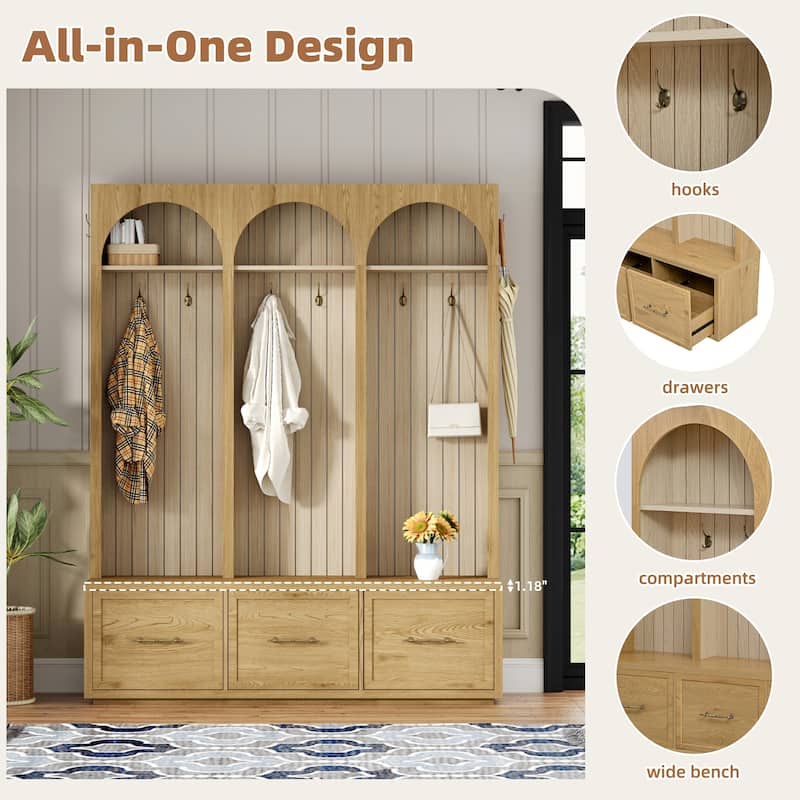 Wooden Style Hall Tree with Arched Design, Entryway Bench with Retro Hooks, Rustic Coat Rack & Shoe Organizer with Drawers