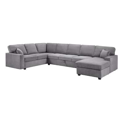 Sary 137 inch Sectional Sofa w Chaise, 2 Throw Pillows, Gray Chenille