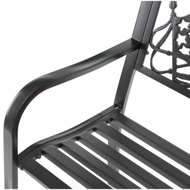 Steel Outdoor Patio Garden Park Seating Bench with Cast Iron "Patriotic American Flag and Eagle" Backrest, Front Porch Bench