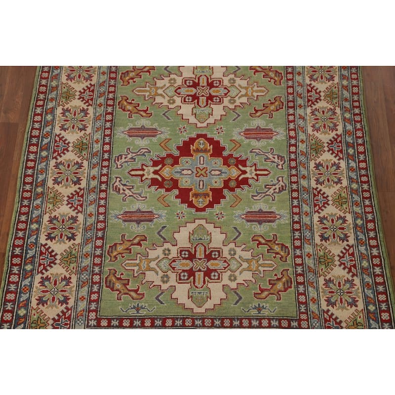 Light Green Geometric Kazak Area Rug Handmade Wool Carpet - 5'0" x 7'0"
