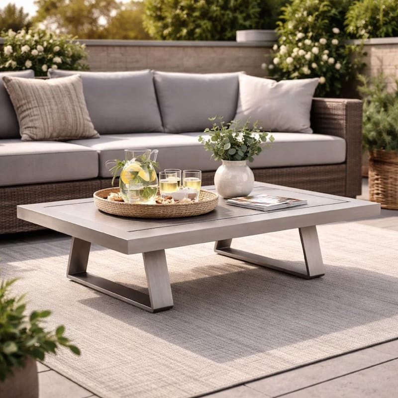 Xia 48 Inch Outdoor Coffee Table, Gray Aluminum Frame, Plank Style Tabletop