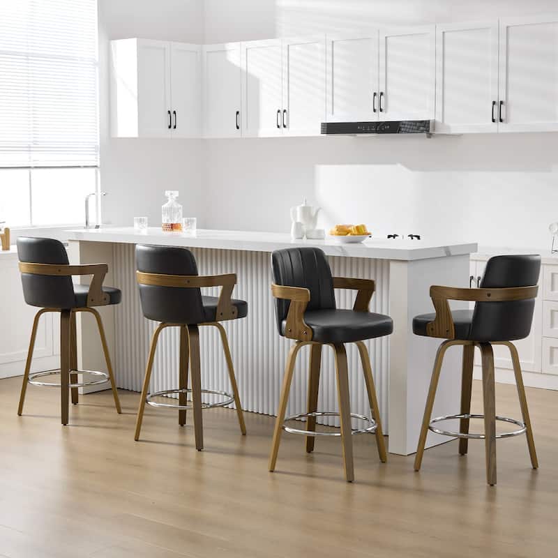 Upholstered Swivel Barstool with Arms and Bentwood Legs - 40.8"H x 18.9"W x 19.5"D/19.3"D