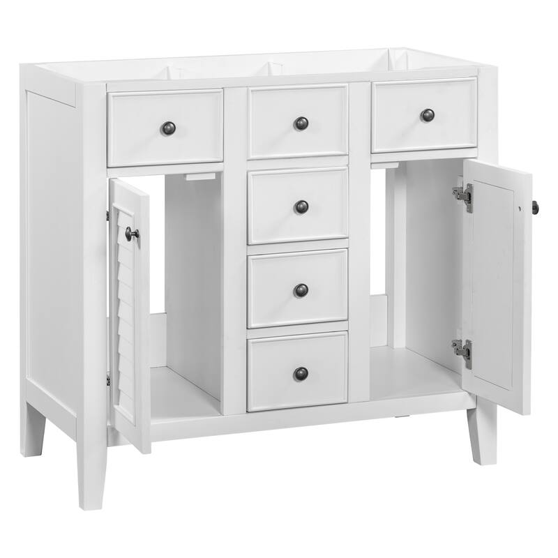 36" Modern Bathroom Vanity Cabinet Base in Grey with Two Cabinets, Five Drawers & Open Storage Shelf, Solid Wood Frame