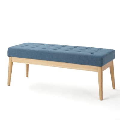 Gisa Ottoman Bench, Blue Fabric Tufted, Natural Brown Wood, 44 Inch