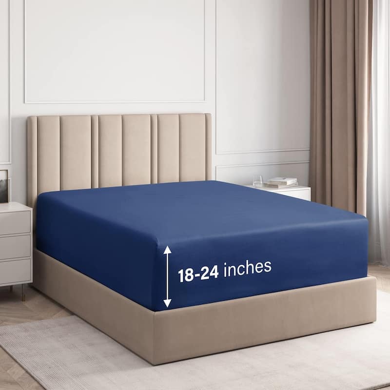 CGK Linens Microfiber Extra Deep Pocket 18" - 24" Inch Fitted Sheet - Twin - Navy Blue