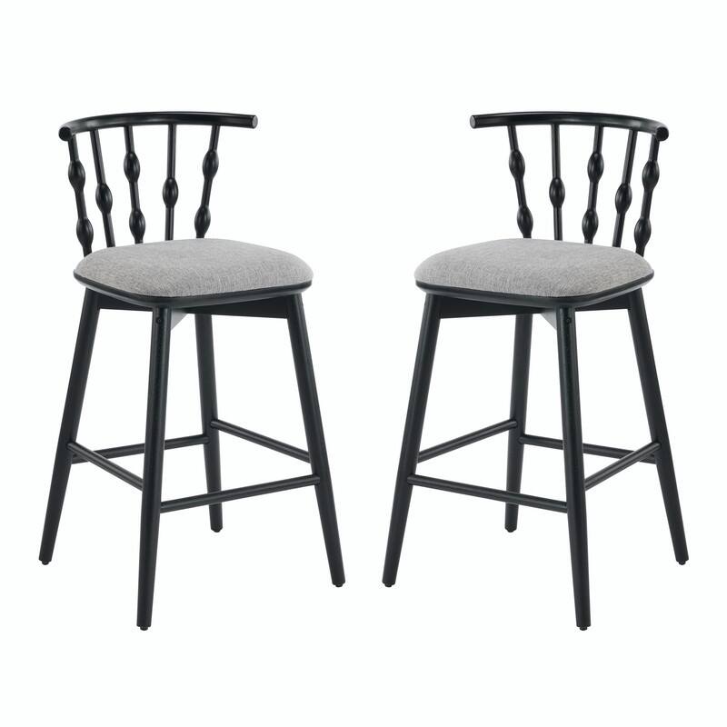 Doria Indoor Wooden Bar Stools with Gray Upholstery and Black Finish, Set of 2