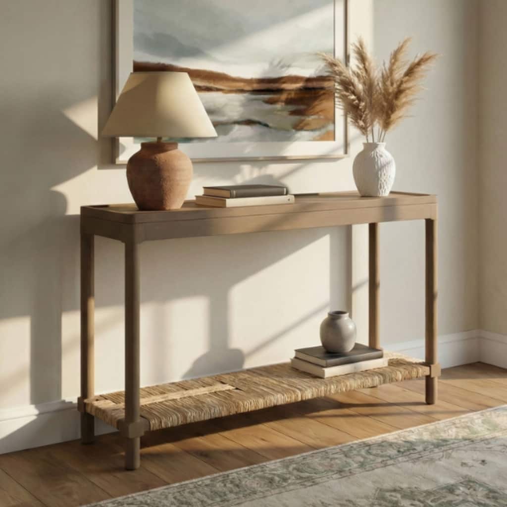 Asher Wood Tray Top Console Table with Rush Shelf by East at Main