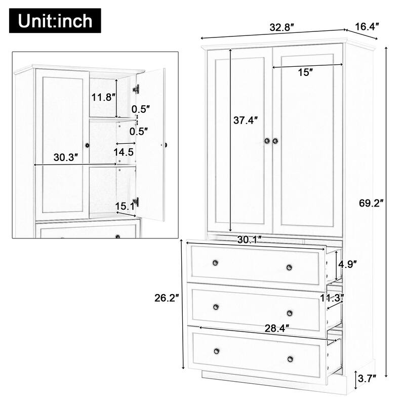 Freestanding Bathroom Storage Cabinet with Doors & 3 Large Drawers, Adjustable Shelves
