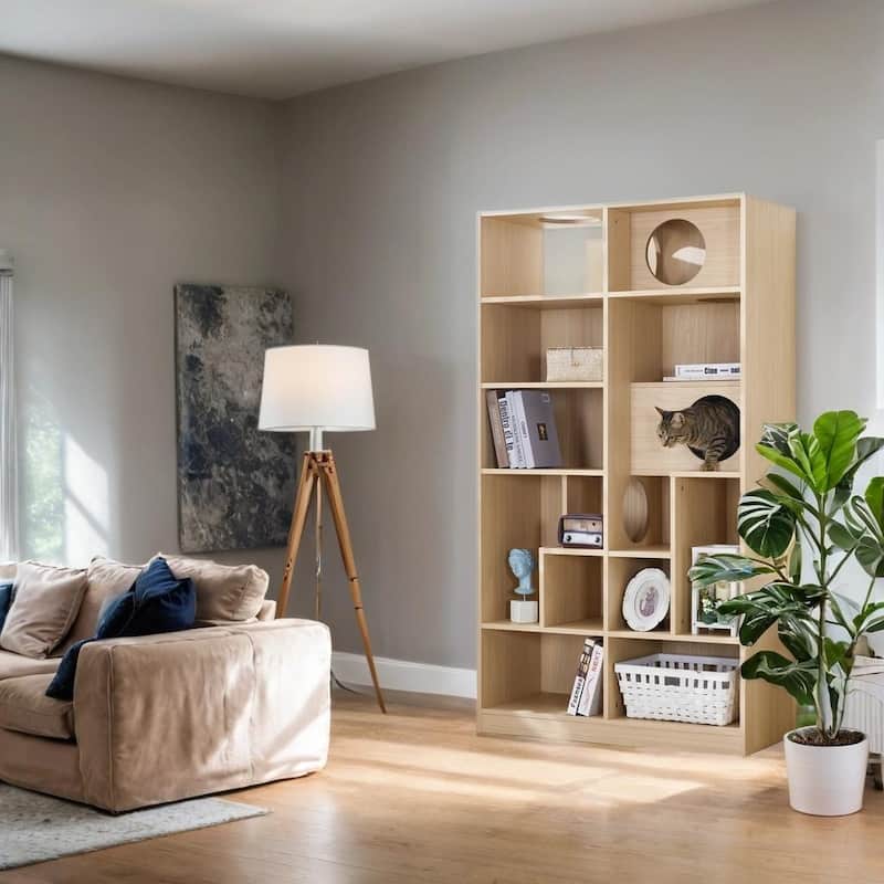 Modern 2-in-1 Wooden Bookshelf & Cat House: Display Case with Storage, Litter Box Enclosure & Climbing Shelf‌